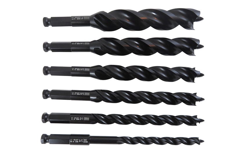WoodOwl 6 Piece Set with 3/8", 1/2â€, 5/8", 3/4â€, 7/8" and 1â€ x 7-1/2â€ Long Ultra Smooth Tri Cut Auger Hand Brace Boring Bit PTEE coated 09703-09713 - Image 2